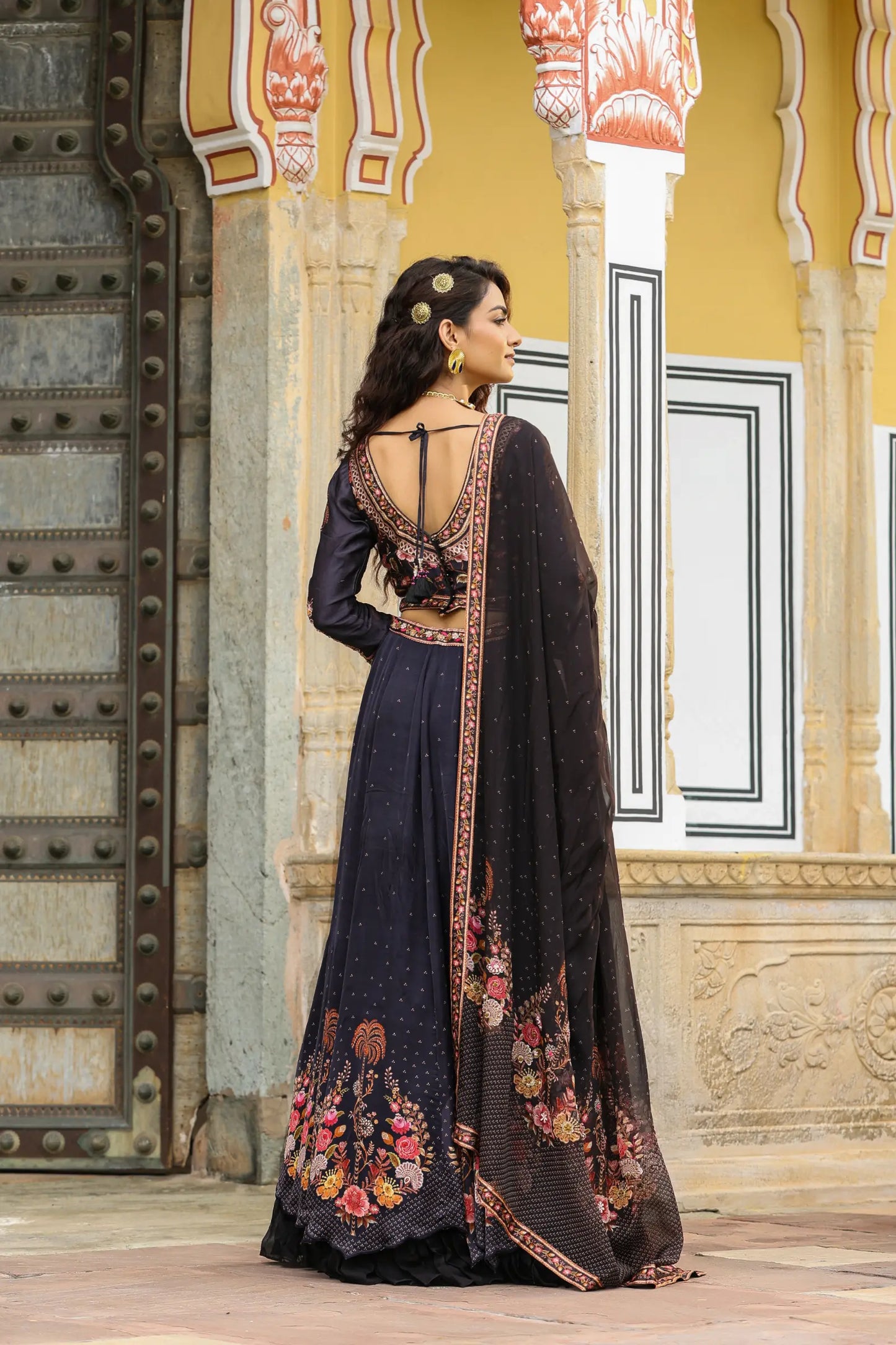 Black Colour Print Frill lehanga with embroidered full sleeves blouse