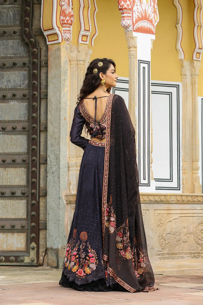 Black Colour Print Frill lehanga with embroidered full sleeves blouse