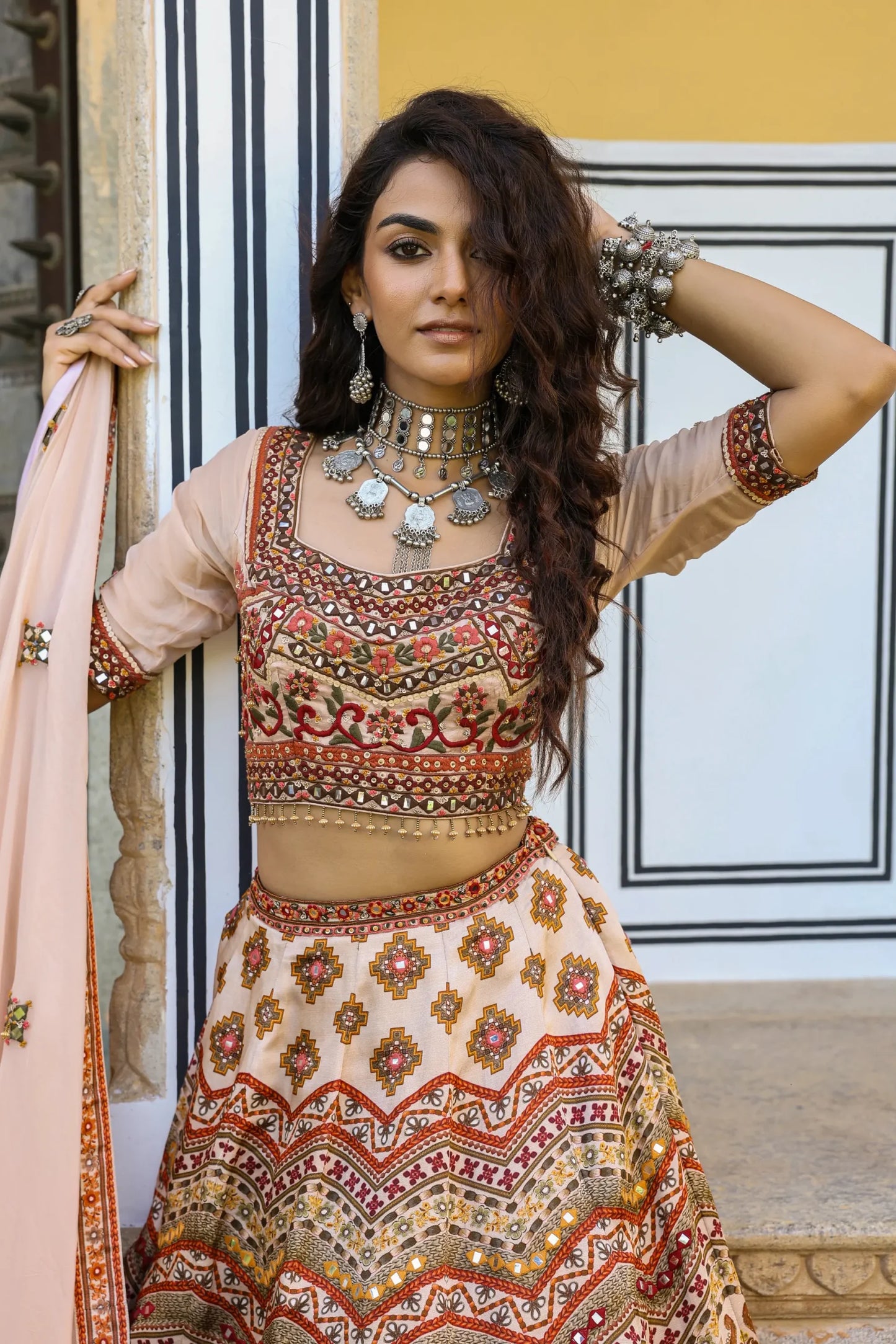 A Embroidery Pattern Print lehanga with embellished Blouse & Dupatta