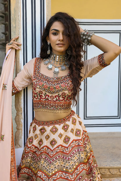 A Embroidery Pattern Print lehanga with embellished Blouse & Dupatta