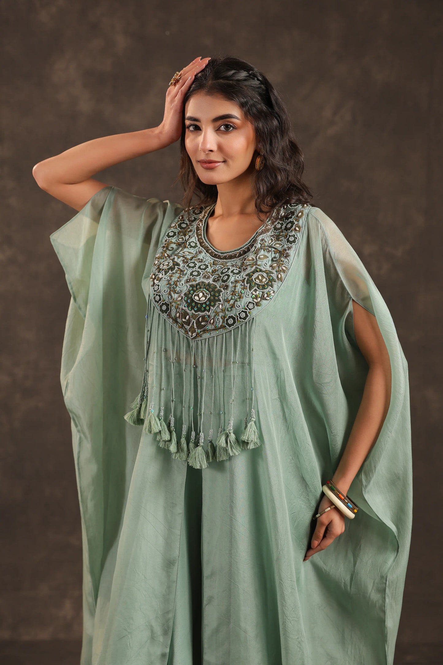Heavy Embellished Kaftan Set Mint Blue