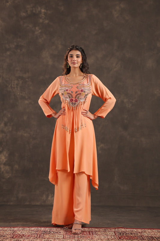 Long Kurti with Heavy Embeliished Yok Light Peach