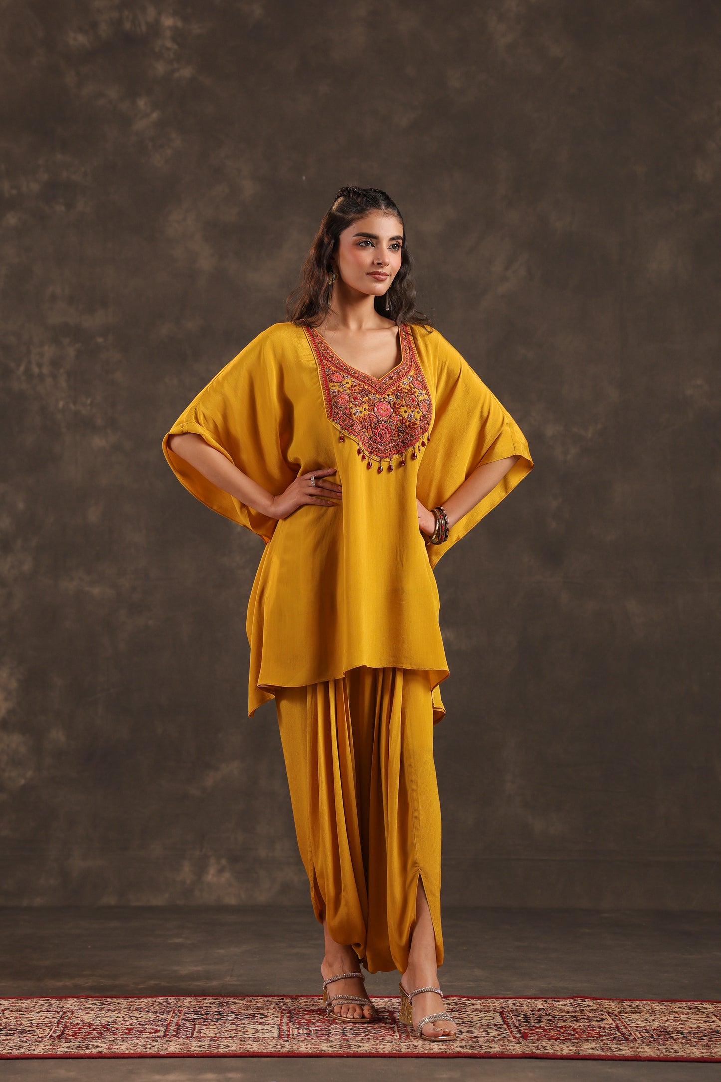 Embellished Kurti + Dhoti Pant Yellow Mustard
