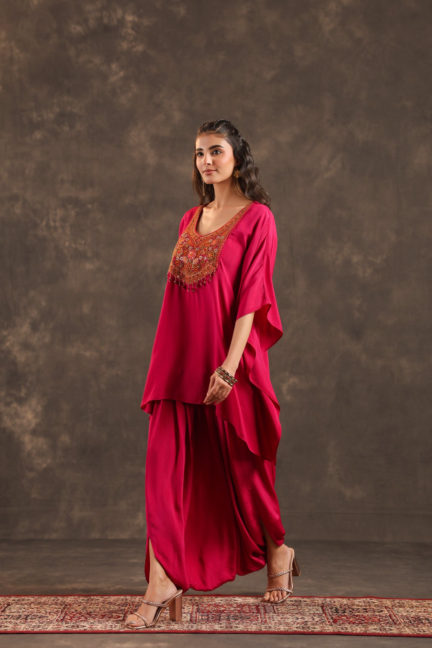 Embellished Kurti + Dhoti Pant Rani Pink