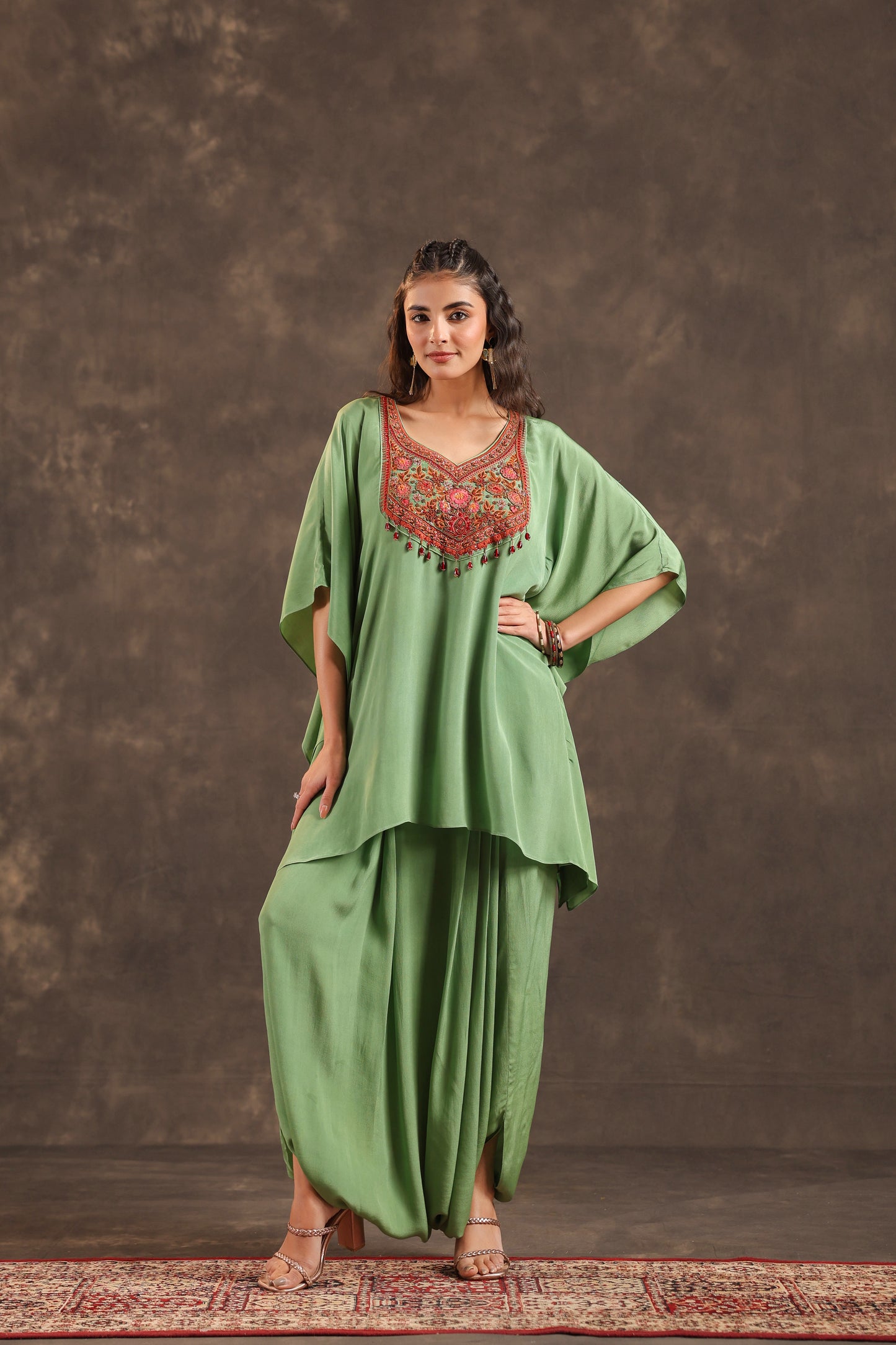 Embellished Kurti + Dhoti Pant Light Green