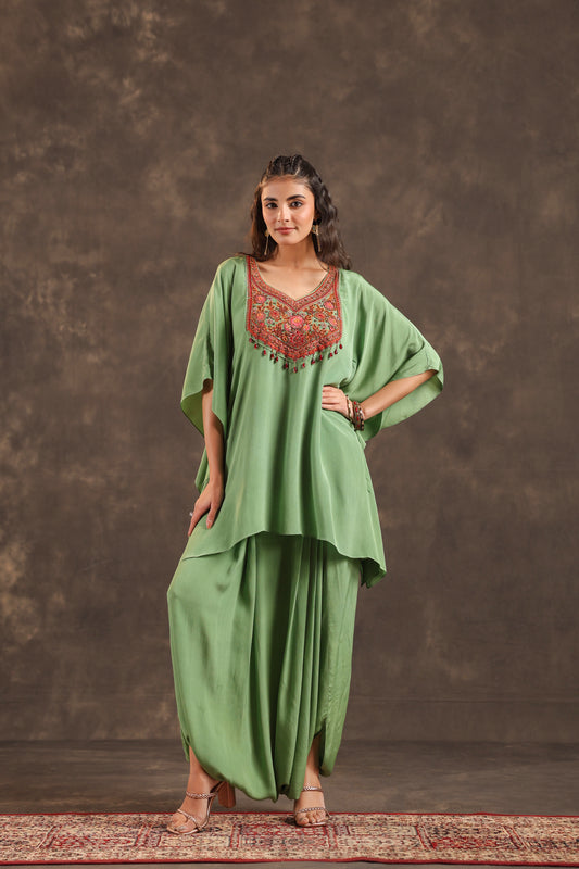 Embellished Kurti + Dhoti Pant Light Green