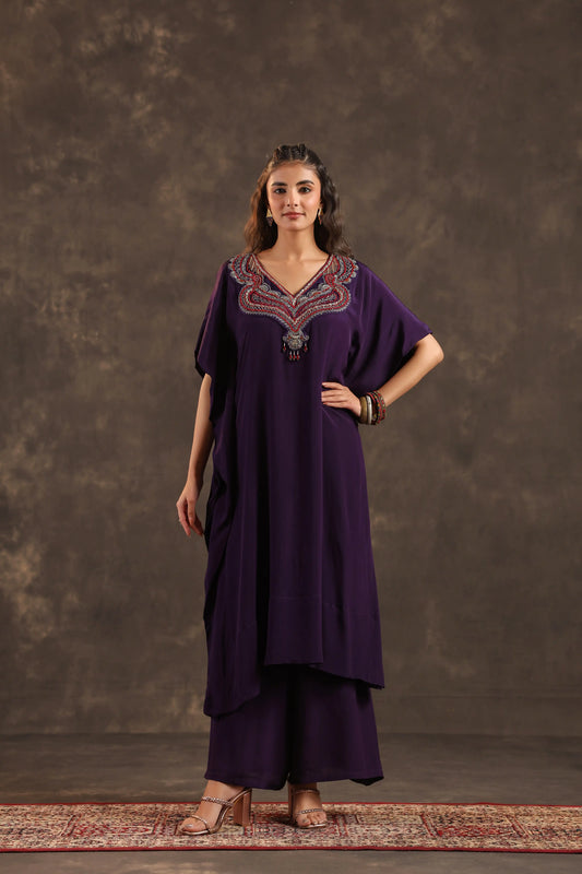 Heavy Embellished Long Top with Flayered Pant Voilet