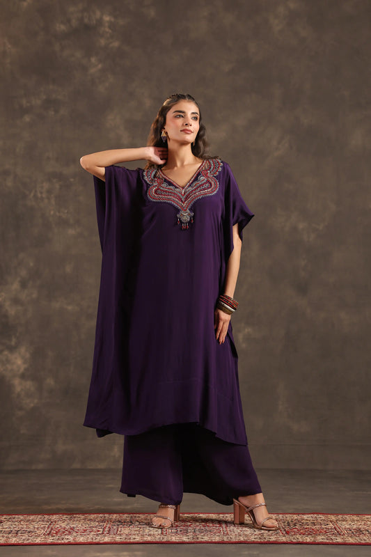 Heavy Embellished Long Top with Flayered Pant Voilet