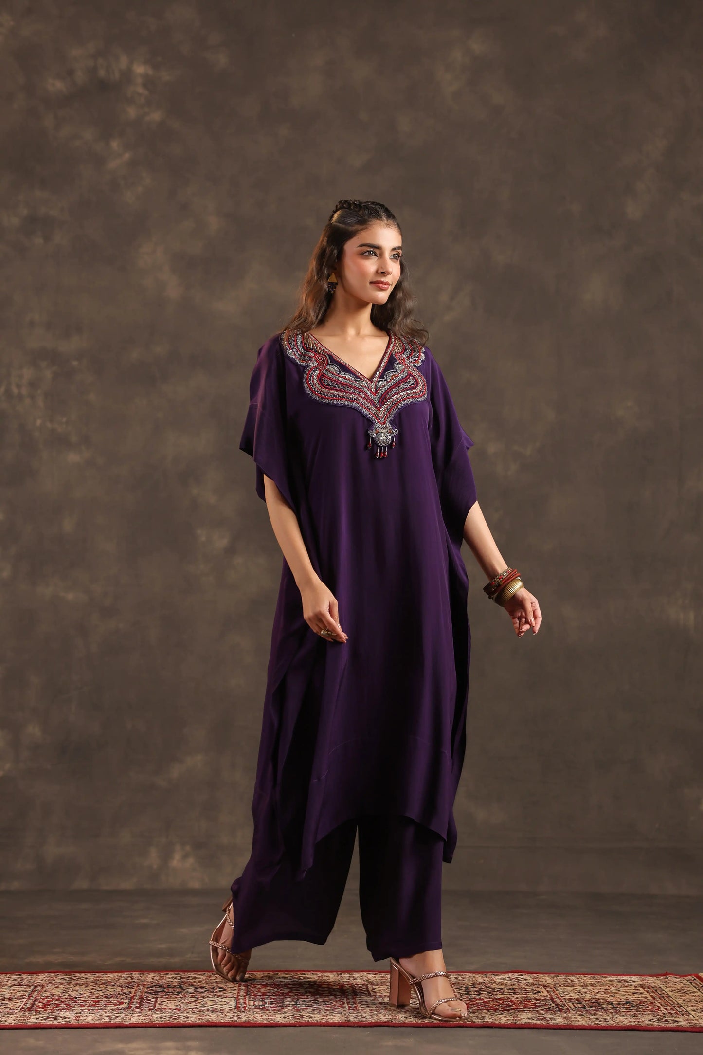Heavy Embellished Long Top with Flayered Pant Voilet