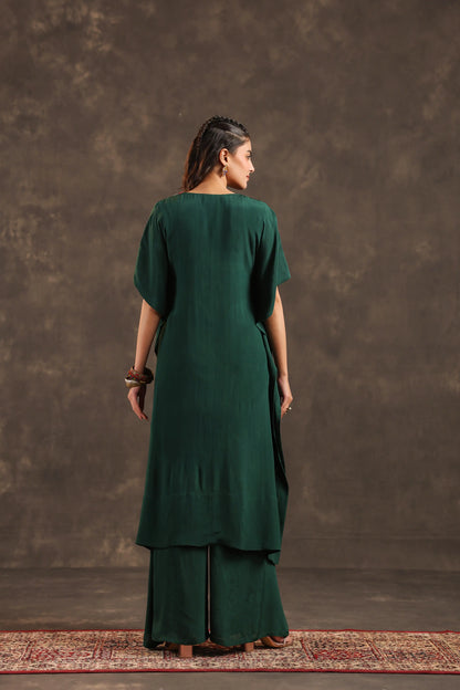 Heavy Embellished Long Top with Flayered Pant Green