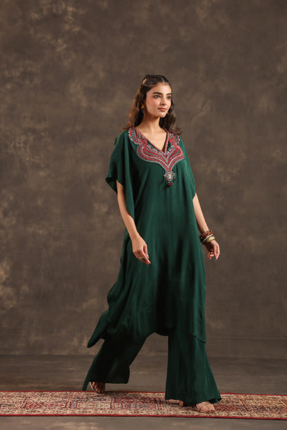 Heavy Embellished Long Top with Flayered Pant Green