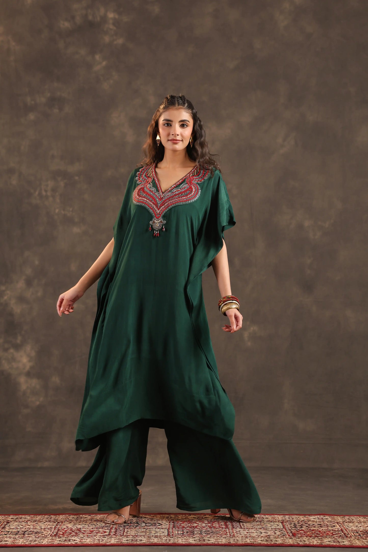 Heavy Embellished Long Top with Flayered Pant Green