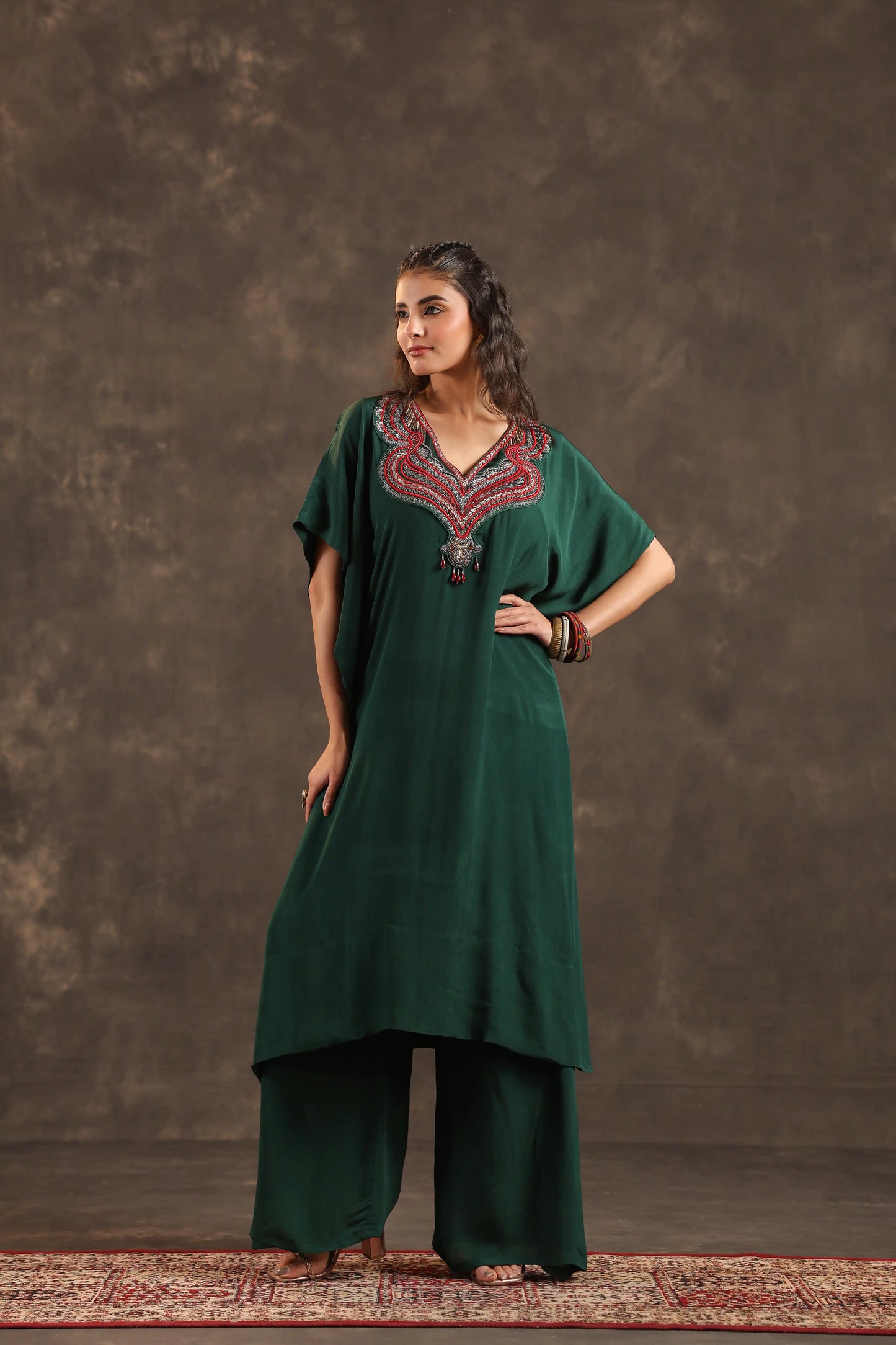 Heavy Embellished Long Top with Flayered Pant Green