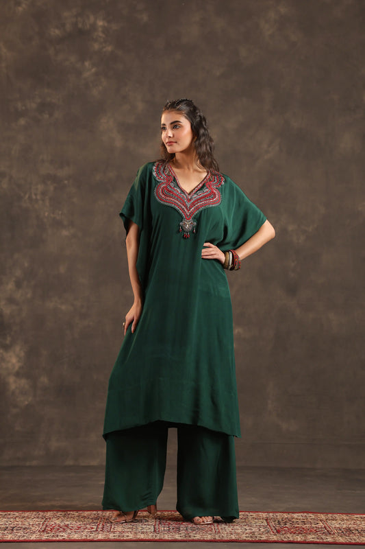 Heavy Embellished Long Top with Flayered Pant Green