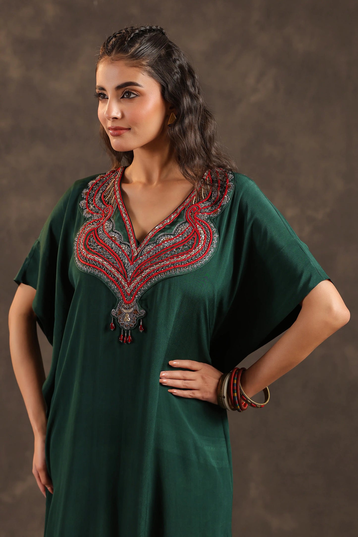 Heavy Embellished Long Top with Flayered Pant Green