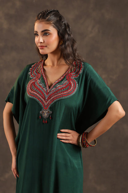 Heavy Embellished Long Top with Flayered Pant Green