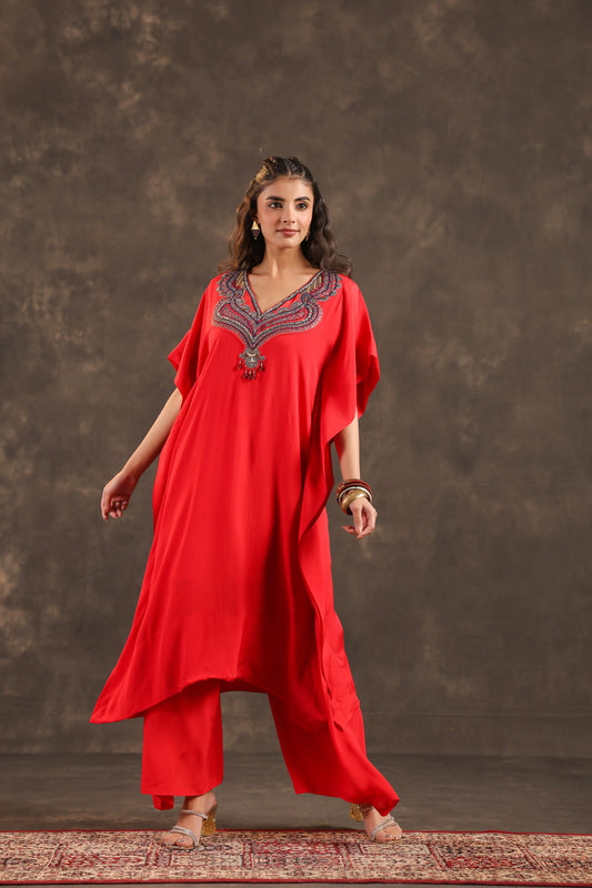 Heavy Embellished Long Top with Flayered Pant Red