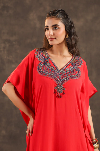 Heavy Embellished Long Top with Flayered Pant Red