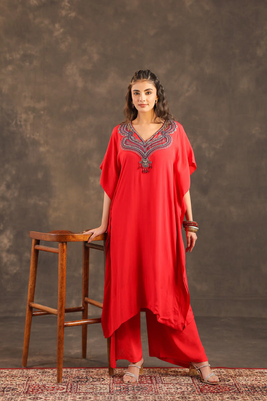 Heavy Embellished Long Top with Flayered Pant Red