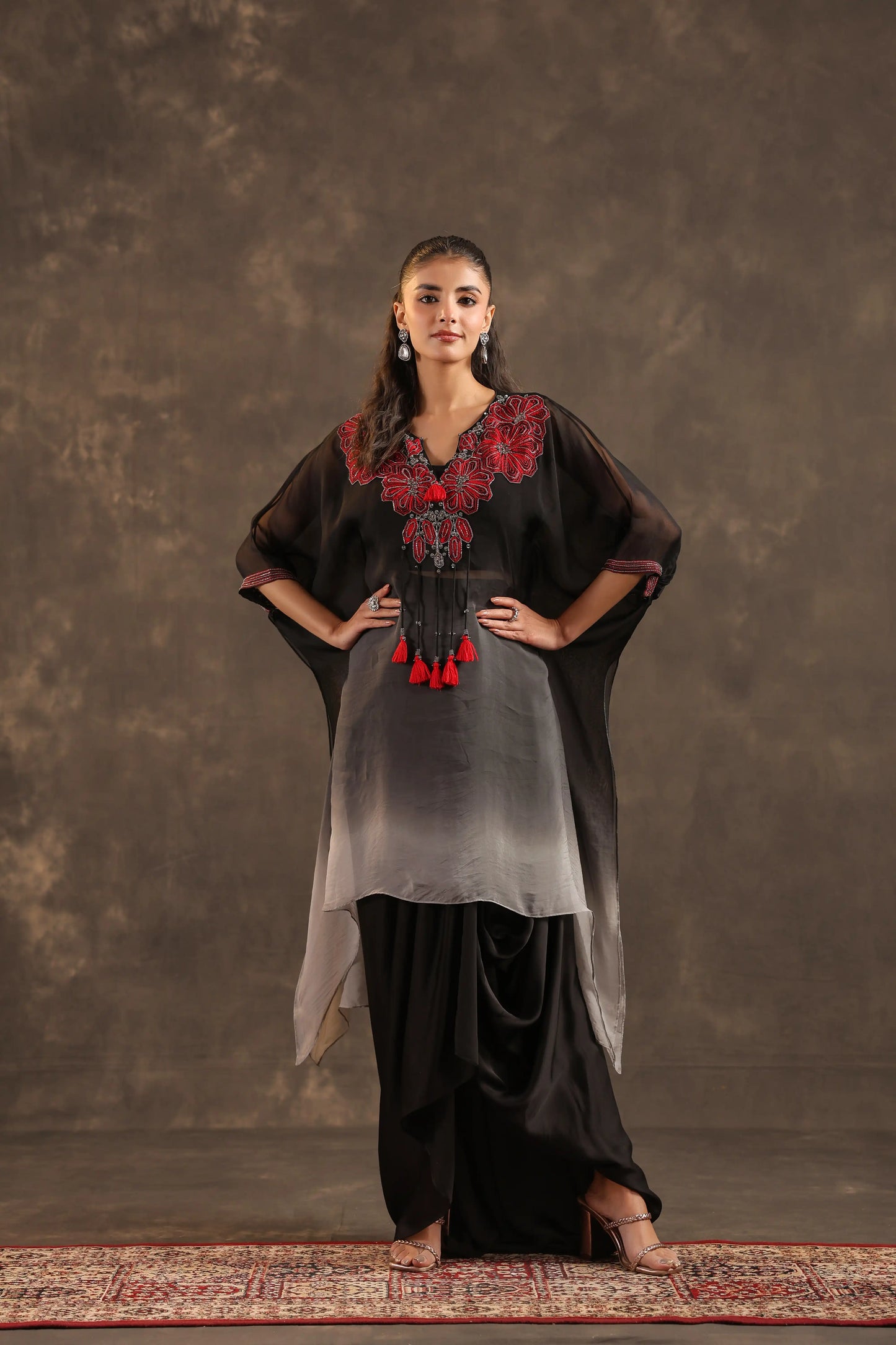 Heavy Embellished Ombre Kaftan Set Black