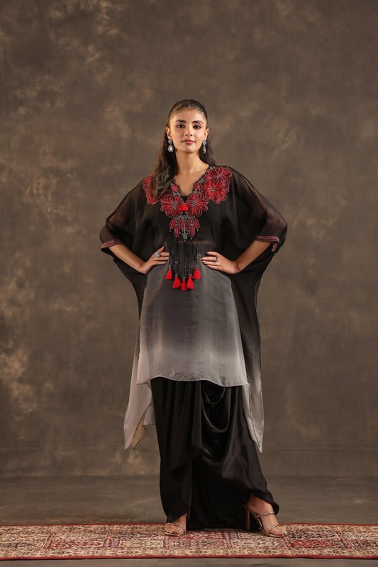 Heavy Embellished Ombre Kaftan Set Black