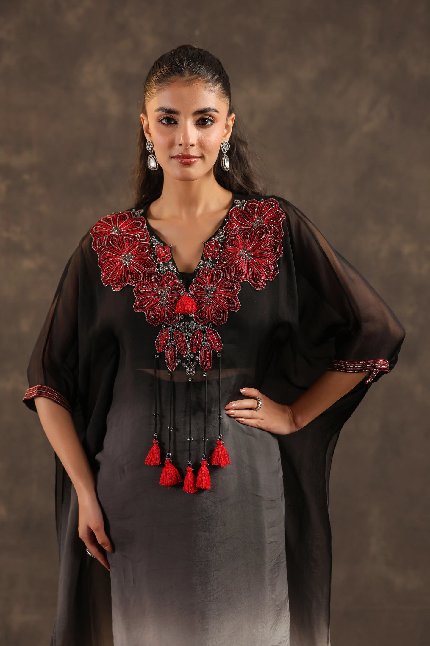 Heavy Embellished Ombre Kaftan Set Black