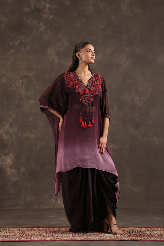 Heavy Embellished Ombre Kaftan Set Burgundy