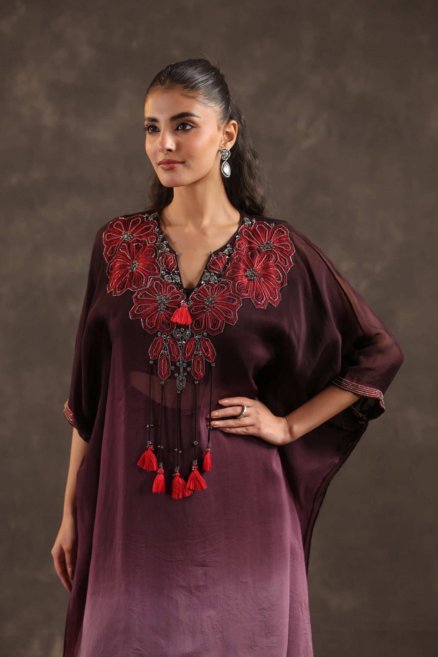 Heavy Embellished Ombre Kaftan Set Burgundy