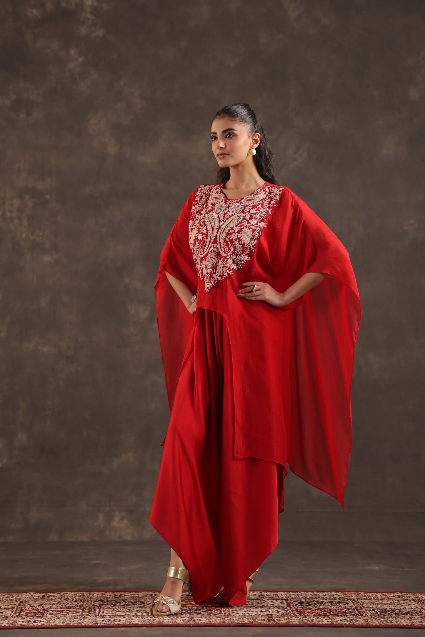 Heavy Embellished Kaftan Set Red