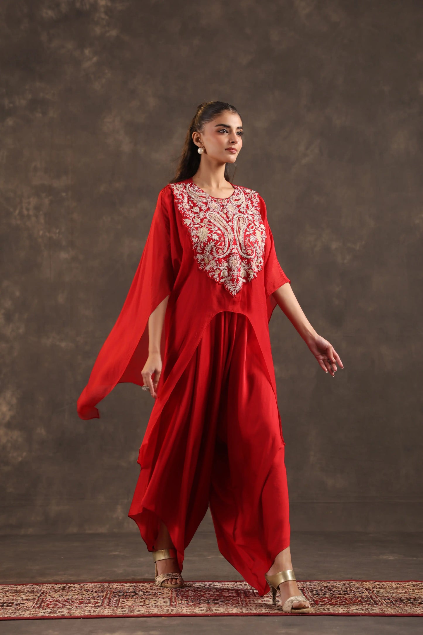 Heavy Embellished Kaftan Set Red