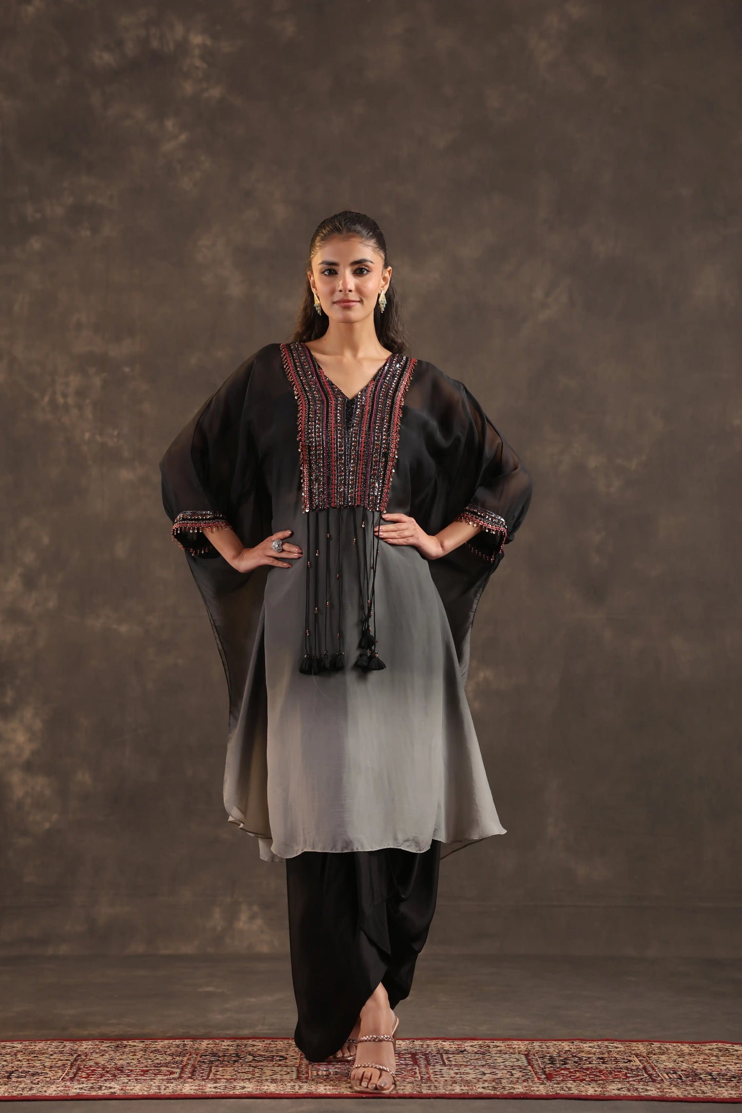 Heavy Embellished Ombre Kaftan Set Black