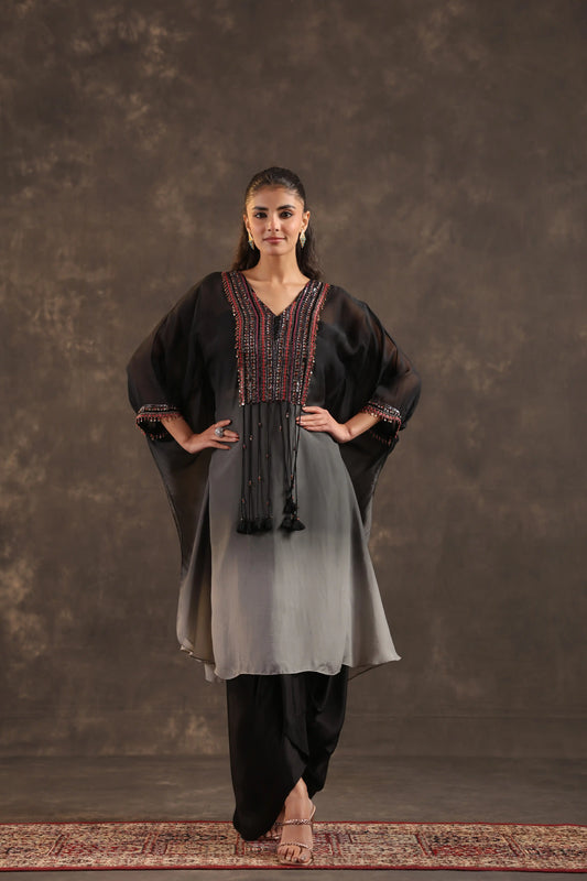 Heavy Embellished Ombre Kaftan Set Black