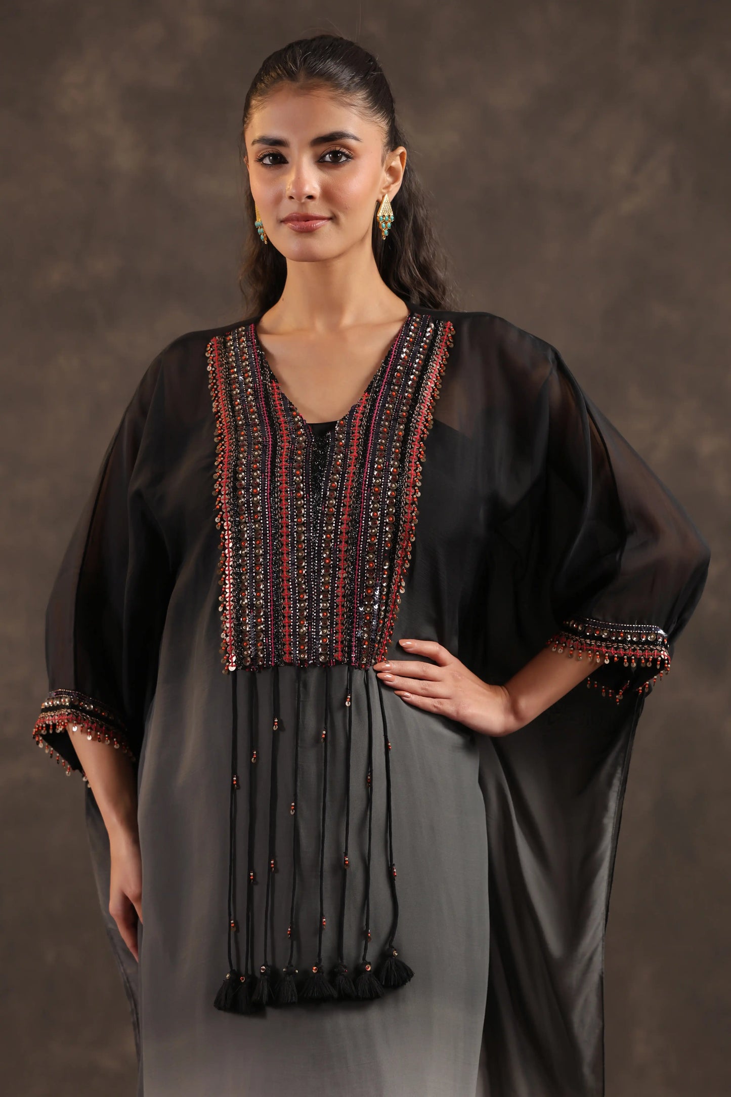 Heavy Embellished Ombre Kaftan Set Black