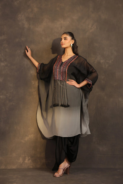 Heavy Embellished Ombre Kaftan Set Black
