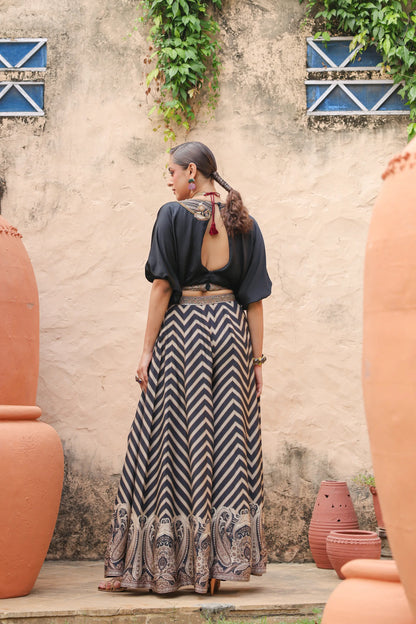 Black Stripes Lehanga with Embroidered Cowl Top
