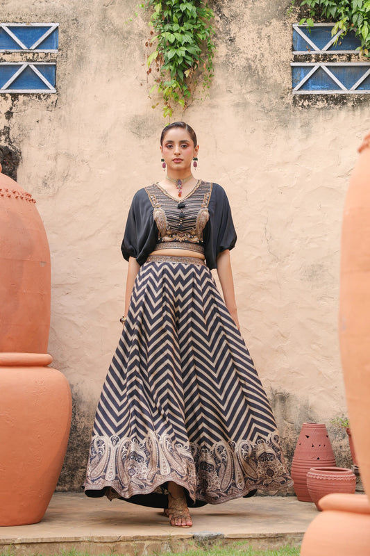 Black Stripes Lehanga with Embroidered Cowl Top