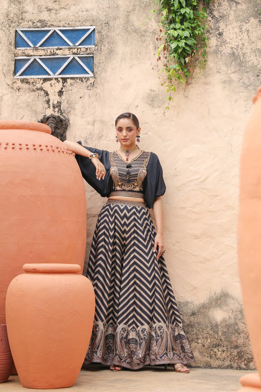 Black Stripes Lehanga with Embroidered Cowl Top