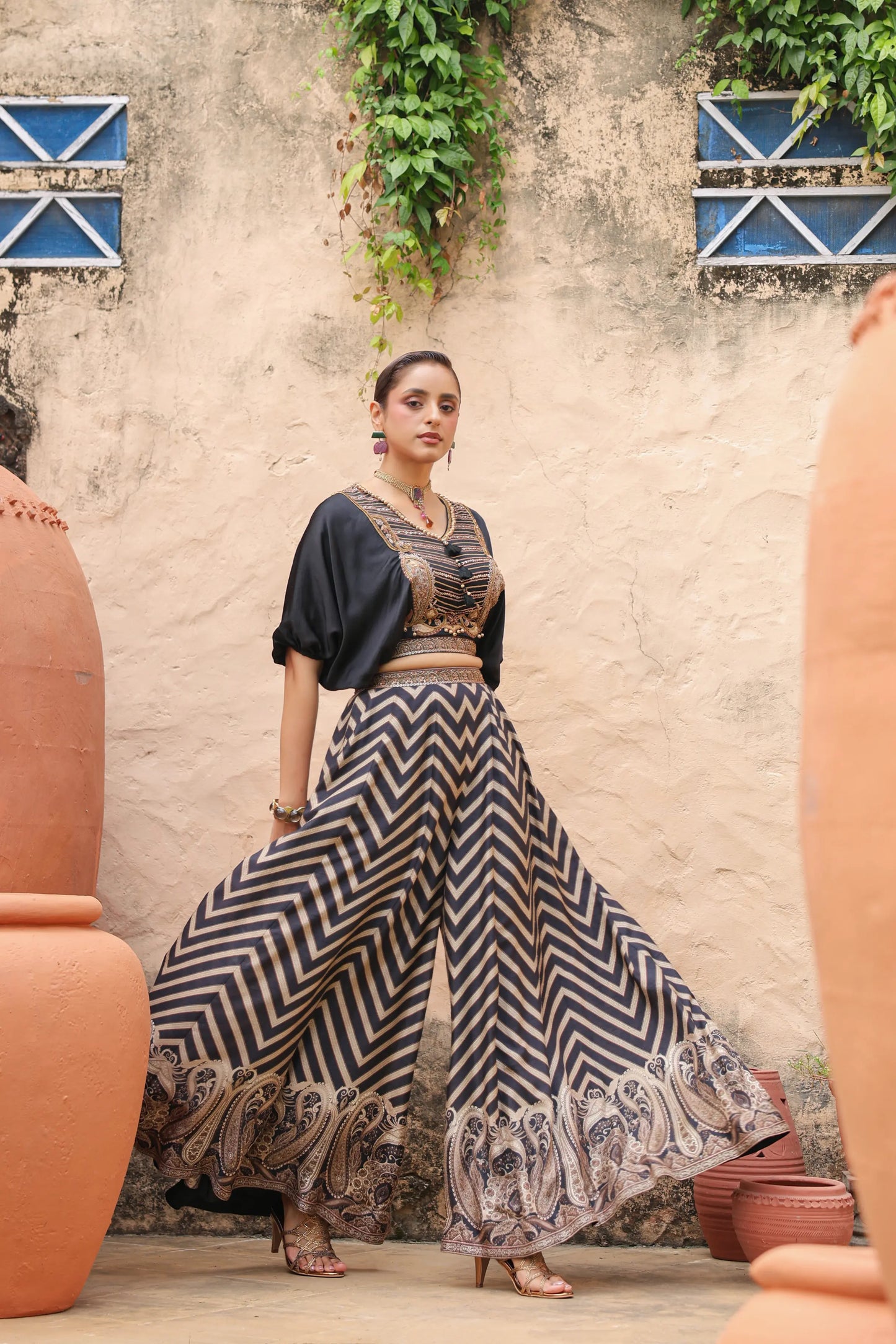 Black Stripes Lehanga with Embroidered Cowl Top