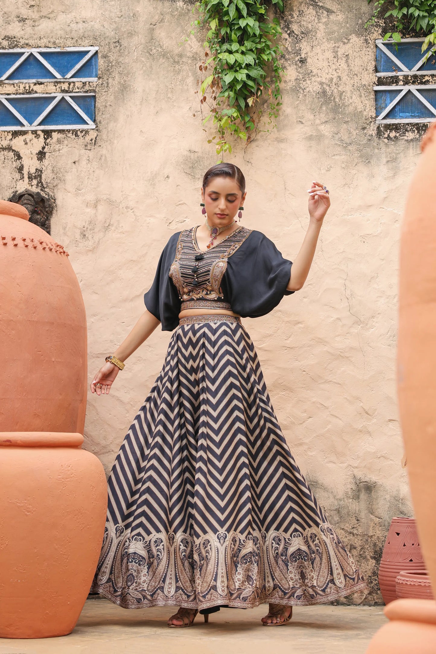 Black Stripes Lehanga with Embroidered Cowl Top