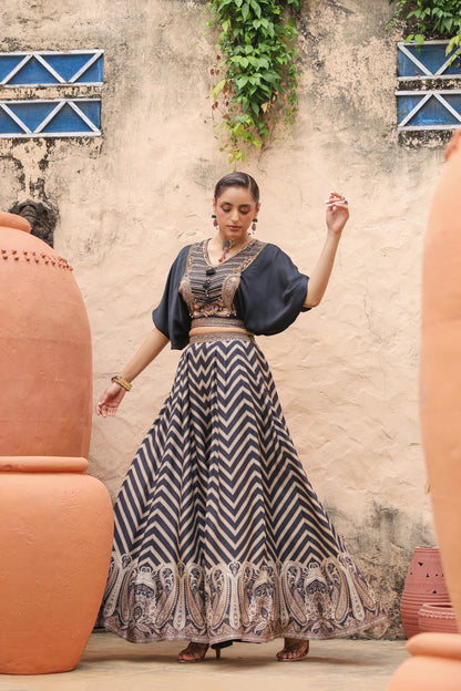 Black Stripes Lehanga with Embroidered Cowl Top