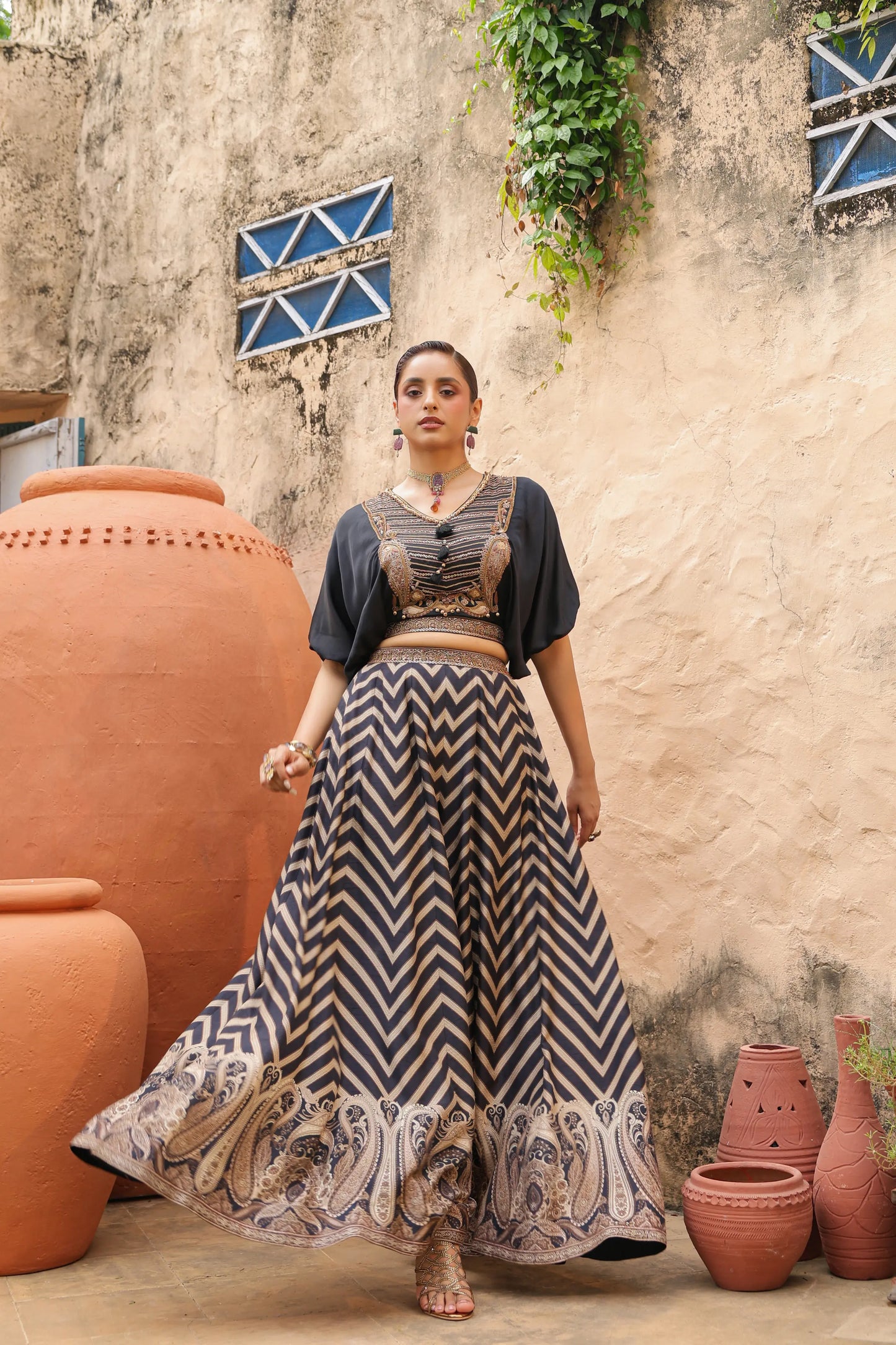Black Stripes Lehanga with Embroidered Cowl Top