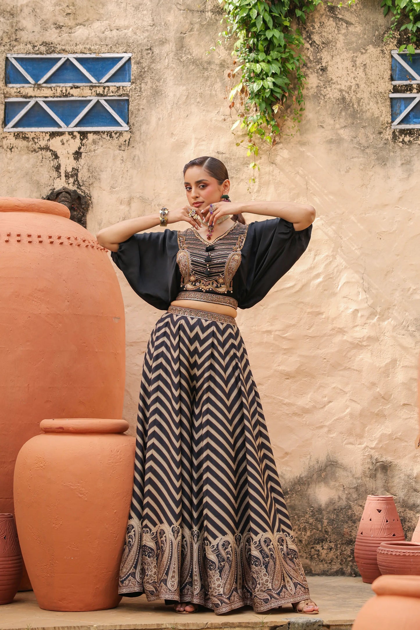 Black Stripes Lehanga with Embroidered Cowl Top