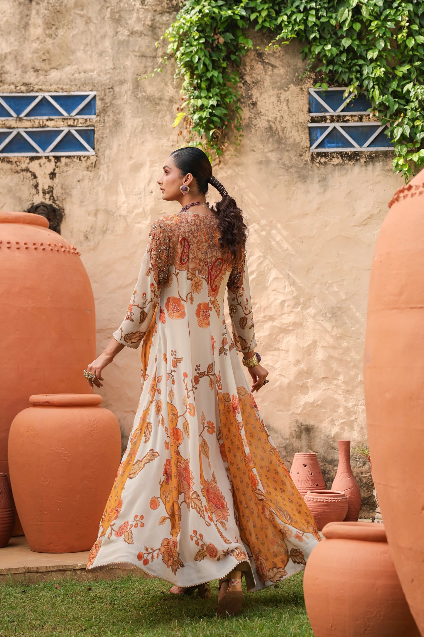 Printed Full Length Gown with heavy work on neck