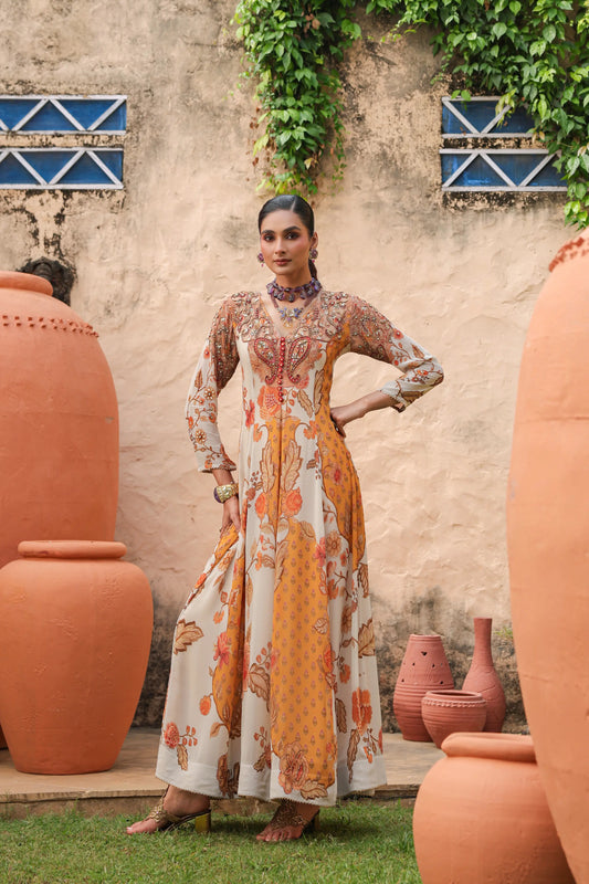 Printed Full Length Gown with heavy work on neck