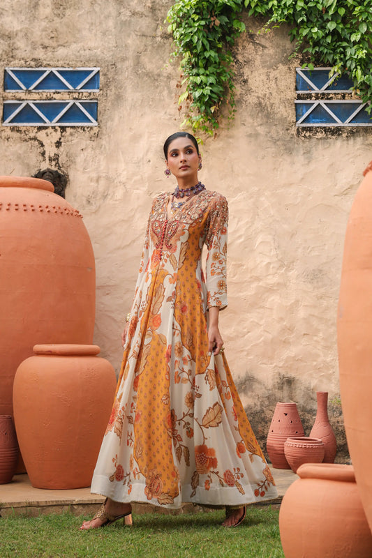 Printed Full Length Gown with heavy work on neck