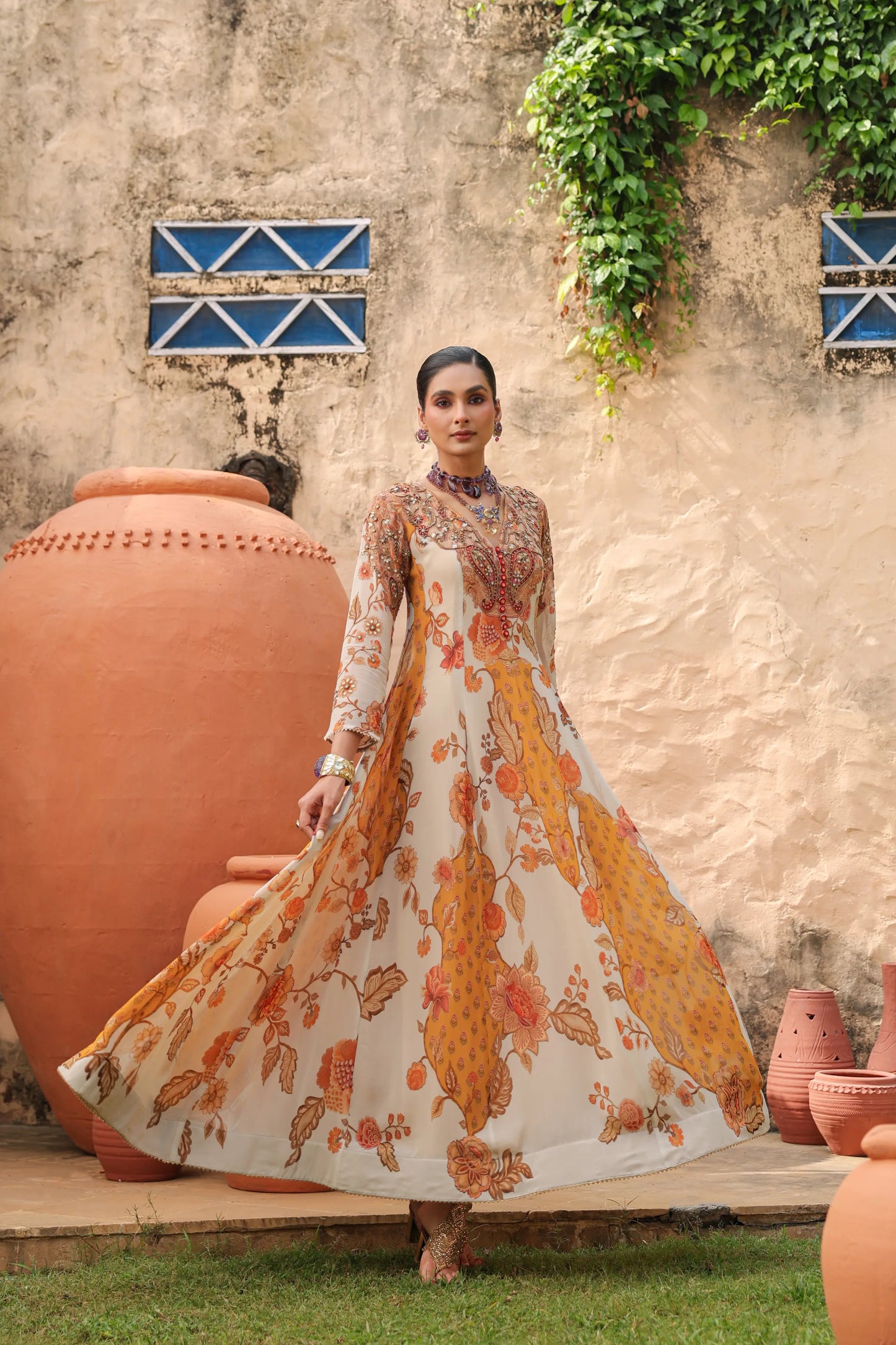 Printed Full Length Gown with heavy work on neck