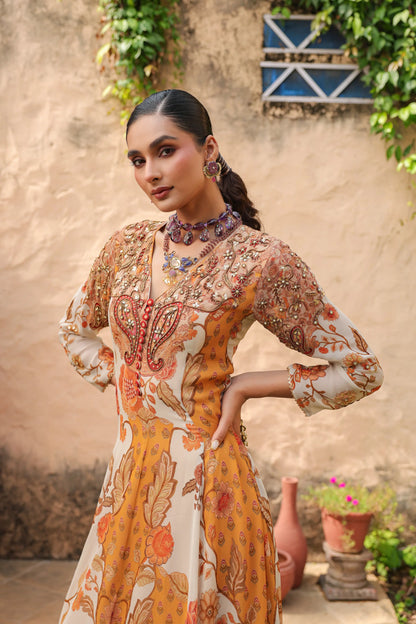 Printed Full Length Gown with heavy work on neck
