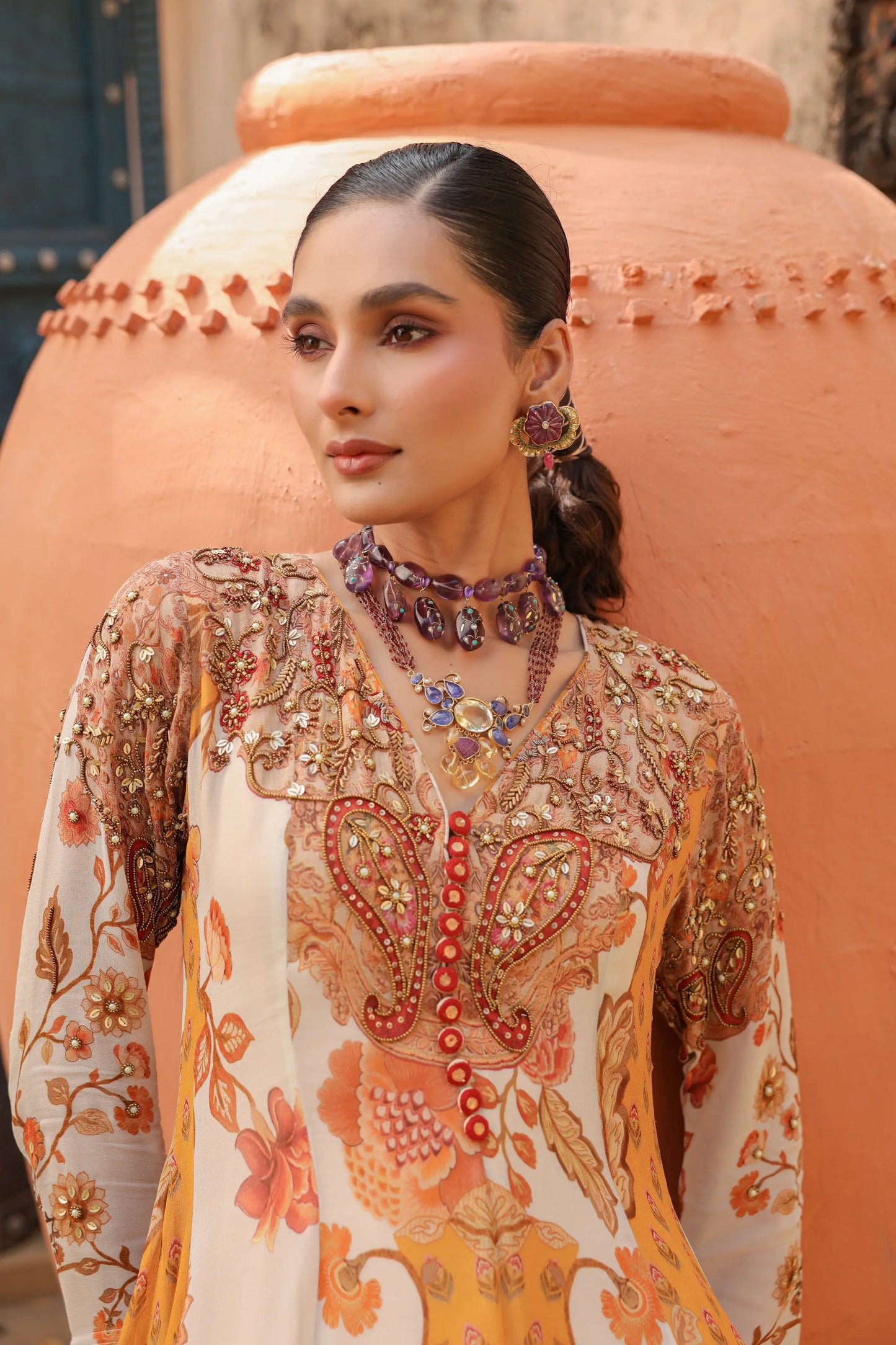 Printed Full Length Gown with heavy work on neck