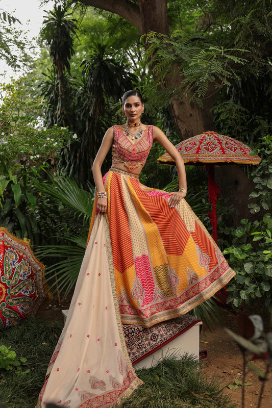 Geometric Print Lehanga with Heavy Blouse
