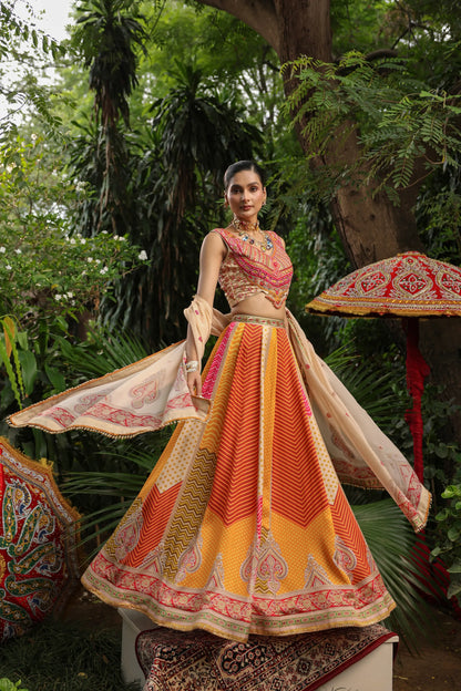 Geometric Print Lehanga with Heavy Blouse
